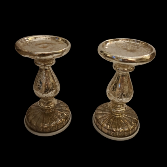 *Set of Mercury Glass Illuminated Glass Pedestal Candle Holders - Picture 1 of 3